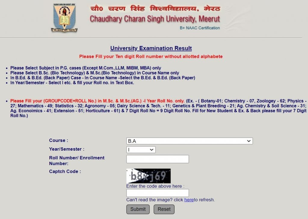 CCS University Result 2021 CCSU BA B.Sc B.Com 1st 2nd 3rd Result