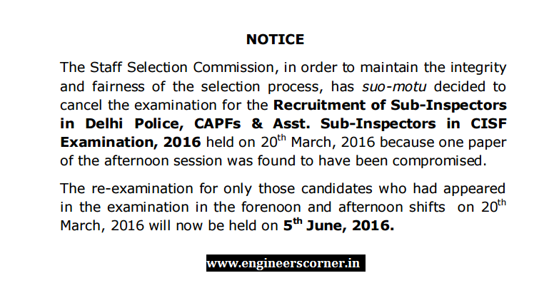 SSC CPO SI paper leaked re-exam 5th june 2016 ssc.nic.in