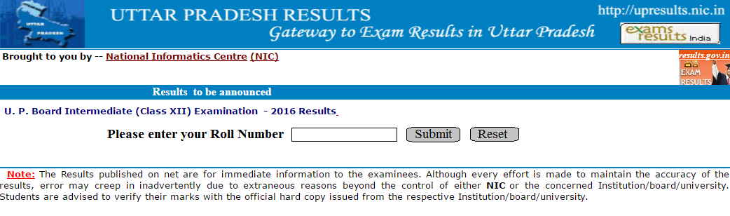 UP Board Class 12th result 2016 intermediate result