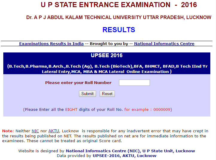 UPTU / AKTU UPSEE Results 2016 Declared at www.upresults.nic.in aktu upsee 2016 results upresultsnicin