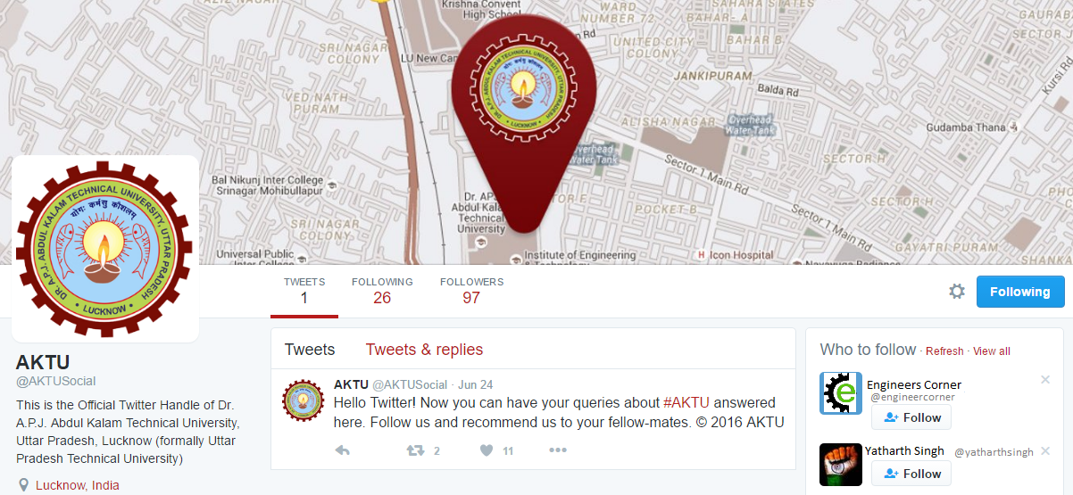 AKTU / UPTU officially Joins Facebook & Twitter, Now on Social Media AKTU Twitter Handle