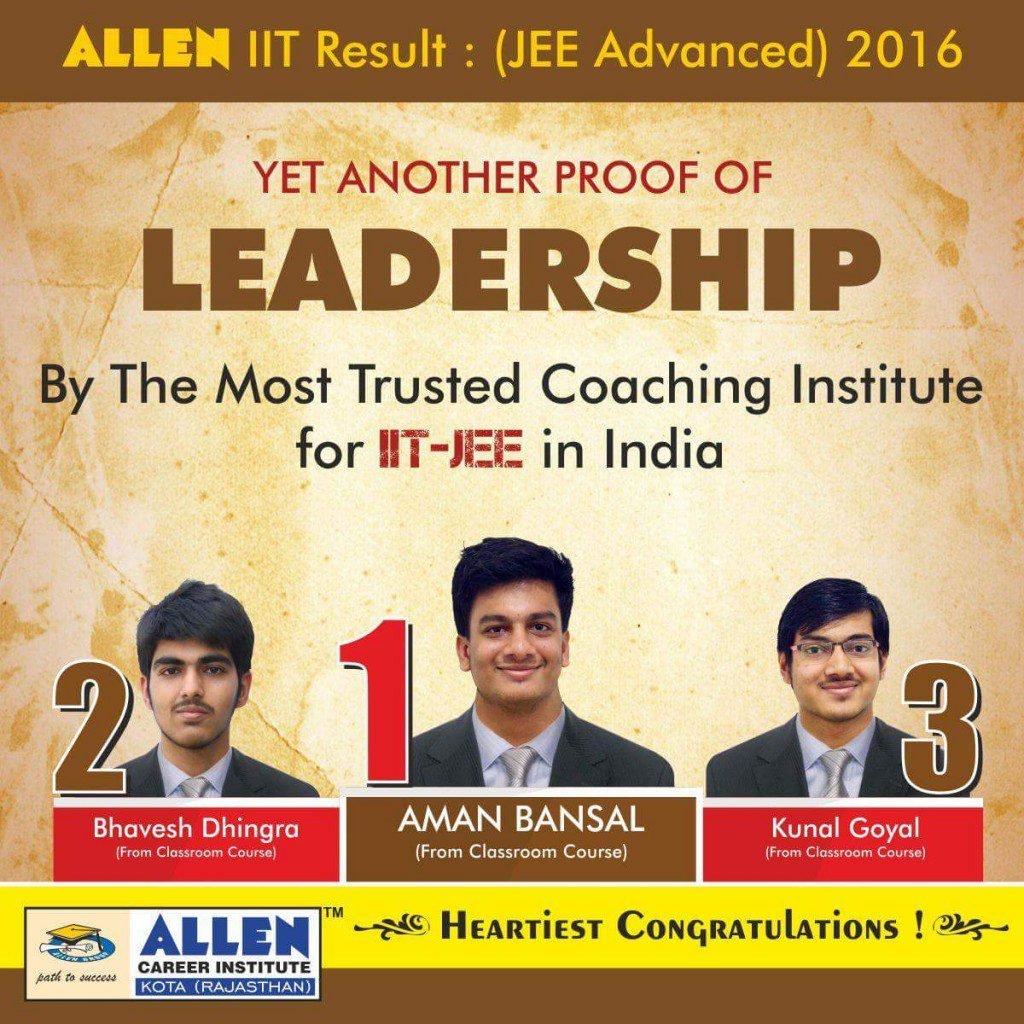 JEE Advanced 2016 Toppers allen kota coaching