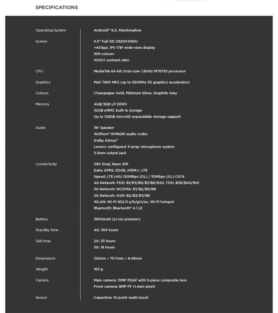 Lenovo Vibe K5 Note Specification