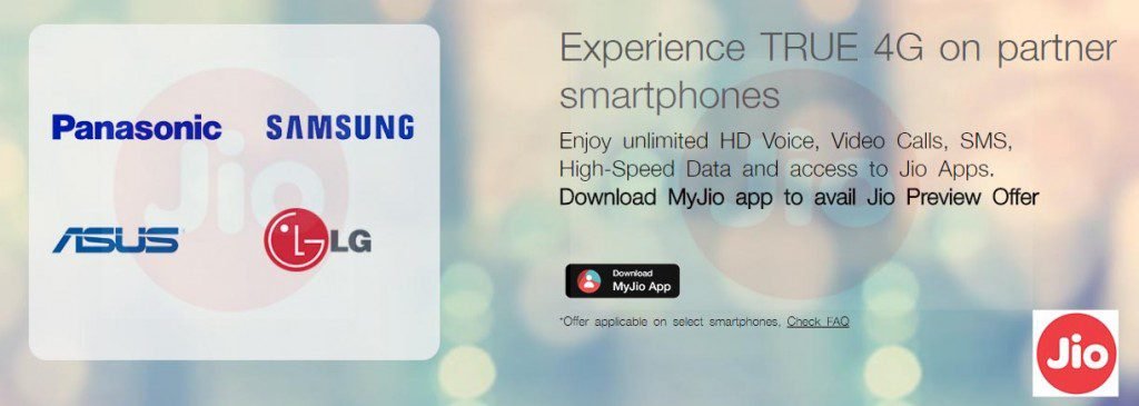 Reliance Jio Free SIM offer for ASUS, Panasonic, Samsung LG Partner 4G Phones