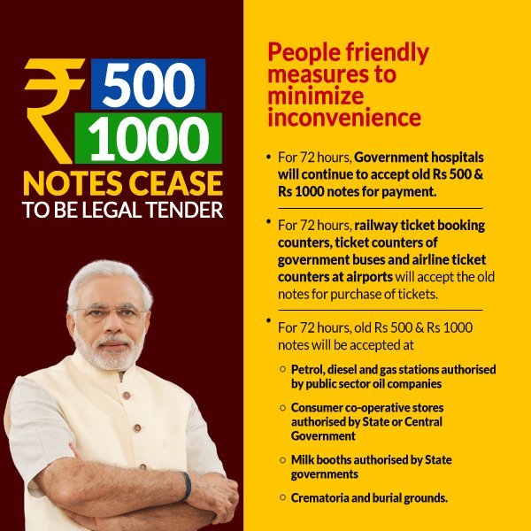 Rs 500 and Rs 1000 notes will no longer be legal tender – PM Modi Rs 500 and Rs 1000 notes will no longer be legal tender