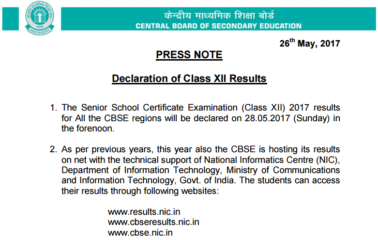 CBSE Board Class 12th Result to be Declared on 28th May 2017 (Sunday) at cbseresults.nic.in CBSE Result 2017 on Sunday