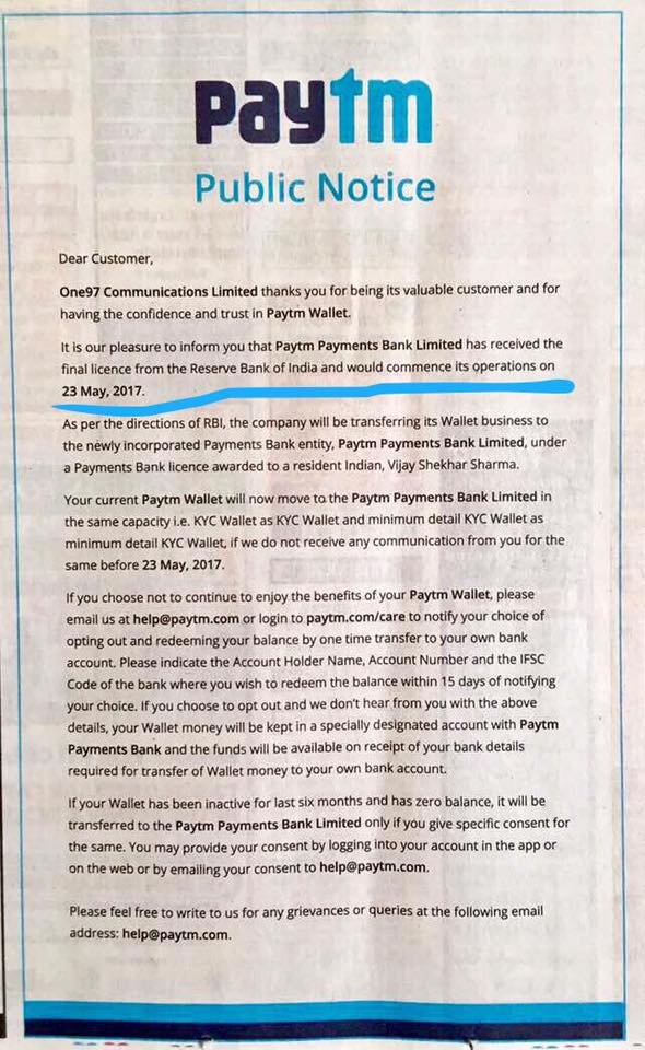 PayTM Payments Bank Notice