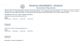 Ranchi University results 2024 BA, BSc BCom