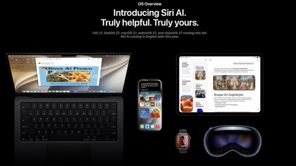 Apple WWDC 2026 keynote with Tim Cook on stage at Apple Park, iOS 27 and Siri AI announcement